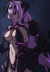 Rule 34 | 1girl, absurdres, aoi tabane, breasts, cleavage, corruption, cosplay, dark persona, demon wings, evil grin, evil smile, gloves, grin, hair intakes, hand on own hip, head wings, heart, highres, kouyoku senki exs-tia, large breasts, liberator (exs-tia), liberator azarin (exs-tia), long hair, navel, pubic tattoo, purple eyes, purple hair, revealing clothes, smile, solo, tattoo, very long hair, wings