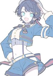 1girl black_hair blue_jacket braid green_eyes highres hololive jacket looking_at_viewer minkof_nn navel oozora_subaru open_mouth salute short_hair shorts simple_background smile solo stomach virtual_youtuber white_background