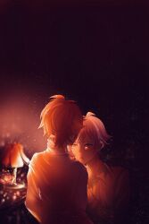 Rule 34 | 2boys, antenna hair, bare pectorals, bedroom, biting, collarbone, collared shirt, confeitoo, dark, face-to-face, fingernails, from behind, hand on another&#039;s neck, highres, idolish7, imminent bite, indoors, kujou tenn, lamp, long hair, male focus, messy hair, multiple boys, nanase riku, neck biting, nightstand, open clothes, open mouth, open shirt, pectorals, pink hair, red eyes, red hair, shirt, short hair, upper body, white shirt, yaoi