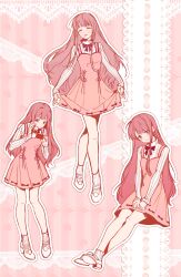 1girl ^_^ absurdres artist_request bare_legs bloom_poetry_(shining_nikki) bow bow_legwear bowtie brown_eyes camera chinese_commentary closed_eyes collared_shirt commentary commentary_request cross-laced_clothes cross-laced_dress crossed_legs curtsey dress dress_bow dress_ribbon english_commentary frilled_shirt_collar frilled_sleeves frills hands_on_lap happy head_tilt heart heart_background high_collar high_heels highres holding holding_camera invisible_chair knees lace_background long_hair long_sidelocks long_sleeves looking_at_object looking_at_viewer mixed-language_commentary multiple_views nikki_(nikki) nikki_(series) open_mouth outline pinafore_dress pink_background pink_dress pink_hair pleated_skirt pumps recording red_bow red_bowtie red_ribbon ribbon second-party_source shining_nikki shirt shoe_soles shoes short_dress sidelocks sitting skirt sleeveless sleeveless_dress sleeves_past_wrists socks sparkle standing striped_background striped_clothes striped_shirt striped_socks tareme vertical-striped_background vertical-striped_clothes vertical-striped_shirt vertical-striped_socks very_long_hair wavy_hair white_outline white_shirt white_shoes white_socks