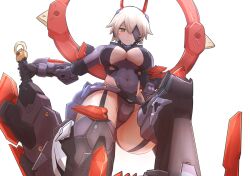1girl auv_susanowo blush breasts cleavage cleavage_cutout closed_mouth clothing_cutout covered_navel eyepatch from_below garter_straps green_eyes headgear highleg highleg_leotard highres holding holding_sword holding_weapon large_breasts leotard looking_at_viewer looking_down mecha_musume megami_device natsukaze_shigure short_hair simple_background solo sword thighhighs weapon white_background white_hair