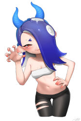 1girl bare_arms bare_shoulders black_leggings blue_hair blue_hairband blue_horns blush breasts cephalopod_eyes chest_sarashi claw_pose cleavage closed_mouth collarbone colored_extremities commentary cropped_legs earrings embarrassed fake_horns fingernails furrowed_brow gluteal_fold hair_over_one_eye hairband hand_on_own_hip hand_up highres horizontal_pupils horn_hairband horns jewel_under_eye jewelry leggings looking_at_viewer medium_hair multiple_earrings navel nintendo octoling one_eye_covered pink_pupils puchiman red_eyes sarashi sharp_fingernails shiver_(deep_cut_outfit)_(splatoon) shiver_(splatoon) signature simple_background solo splatoon_(series) splatoon_3 suction_cups sweat symbol-only_commentary tentacle_hair tooth_earrings torn_clothes torn_leggings white_background