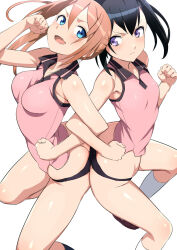 2girls ass black_hair black_socks blue_eyes blush breasts brown_hair character_request clenched_hand closed_mouth copyright_request fang looking_at_another looking_back medium_breasts multiple_girls pink_shirt purple_eyes shin&#039;ya_(shin&#039;yanchi) shirt simple_background skin_fang small_breasts socks white_background white_socks