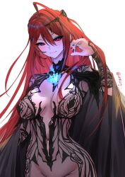 1girl absurdres black_dress blue_fire blush breasts chronopattern_dress cleavage cowboy_shot dress elizabeth_rose_bloodflame fire highres hololive hololive_english large_breasts littleling long_hair meme_attire missing_commentary nail_polish red_eyes red_hair simple_background virtual_youtuber white_background