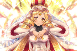 1girl arrow_(projectile) backlighting blonde_hair blurry blurry_background bokeh breasts buttons cape corset crown depth_of_field diffraction_spikes doily drill_hair eyelashes framed_breasts fur fur-trimmed_cape fur_trim gold_trim hands_up high_collar holy_mami interlocked_fingers juliet_sleeves large_breasts light_particles long_sleeves looking_at_viewer magia_record:_mahou_shoujo_madoka_magica_gaiden magic_circle mahou_shoujo_madoka_magica own_hands_together parted_bangs puffy_sleeves ribbon smile solo soul_gem striped_clothes striped_thighhighs suou_sakura swept_bangs thighhighs tomoe_mami twin_drills upper_body vertical-striped_clothes vertical-striped_thighhighs yellow_eyes yellow_ribbon