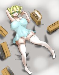 30_minutes_sisters blonde_hair box breasts cardboard_box donut eating food green_eyes large_breasts lying nightgown on_back on_bed panties spread_legs stanford_(unionriver) surprised thick_thighs thighhighs thighs underwear white_panties white_thighhighs yufia