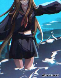 1girl black_sailor_collar black_serafuku black_skirt fate/extra fate/extra_ccc fate_(series) highres kishinami_hakuno_(female) long_sleeves nayoton77 neckerchief pleated_skirt red_neckerchief sailor_collar school_uniform serafuku skirt solo tsukumihara_academy_uniform_(fate/extra_ccc) wading water waves