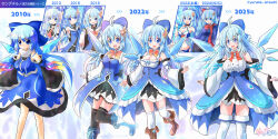 &gt;_o 6+girls adapted_costume aged_up alternate_breast_size alternate_costume alternate_hair_length alternate_hairstyle antenna_hair bikini black_pantyhose black_skirt black_sleeves black_thighhighs blue_bikini blue_dress blue_sweater blush bow bowtie breasts character_name cirno cleavage cleavage_cutout clothing_cutout clothing_request commentary_request copyright_name detached_sleeves dress hair_ornament hairclip happy hat highres jewelry large_breasts leg_up long_hair multiple_girls multiple_persona necklace one_eye_closed open_mouth orange_bow orange_bowtie pantyhose pendant pleated_skirt progression red_bow red_bowtie red_hat red_scarf santa_hat scarf skirt smile standing standing_on_one_leg sweater swimsuit thighhighs touhou translation_request twitter_username very_long_hair white_sleeves white_thighhighs yurume_atsushi