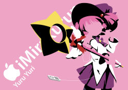 1girl absurdres aiming aiming_at_viewer apple_inc. bad_id bad_pixiv_id character_name copyright_name cosplay digital_media_player faceless female_focus flat_color foreshortening hair_bobbles hair_ornament hat high_contrast highres holding ipod ipod_ad magical_girl midorigunso3 mirakurun mirakurun_(cosplay) no_lineart pink_background ribbon simple_background skirt solo star_(symbol) wand weapon witch_hat yoshikawa_chinatsu yuru_yuri