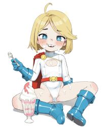 1girl ahoge arm_support belt blonde_hair blue_boots blue_eyes boots cape cleavage_cutout clothing_cutout dc_comics food full_body holding holding_spoon ice_cream leotard loli long_sleeves looking_at_viewer power_girl qtkat red_cape short_hair simple_background sitting smile spoon spread_legs sundae superhero_costume teeth thighs upper_teeth_only white_background white_leotard
