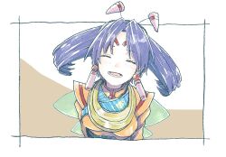 1girl :d antennae blue_hair blush breasts closed_eyes earrings facial_mark grandia grandia_ii jewelry long_hair long_sleeves michibata_65 open_mouth smile solo tio_(grandia) wings