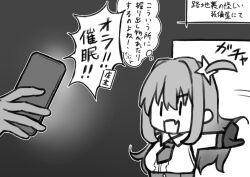 1girl bare_shoulders borrowed_character check_copyright copyright_request gloves greyscale highres hizikata398 long_hair monochrome necktie open_mouth sleeveless translation_request