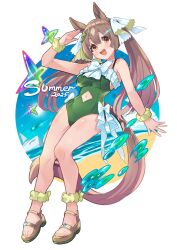 Rule 34 | 1girl, 2025, :d, absurdres, alternate costume, animal ears, bare shoulders, beach, blue sky, border, breasts, brown sandals, clothing cutout, commentary request, double-parted bangs, frilled one-piece swimsuit, frills, green one-piece swimsuit, hair between eyes, highres, horse ears, horse girl, horse tail, large breasts, long hair, looking at viewer, navel, navel cutout, one-piece swimsuit, open mouth, orange eyes, outdoors, outside border, round image, salute, sandals, satono diamond (umamusume), scrunchie, ship, sideboob, sky, smile, solo, standing, swimsuit, tail, toes, twintails, umamusume, very long hair, watercraft, white border, wrist scrunchie, yellow scrunchie, yokoji (kodai2015)