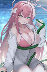 1girl absurdres ahoge amatou_yuzuki between_thighs bikini bikini_under_clothes blue_archive blush bow braid breasts collared_shirt dress_shirt french_braid green_eyes grin hair_bow halo hanako_(blue_archive) hanako_(swimsuit)_(blue_archive) highres holding holding_hose hose large_breasts long_hair long_sleeves looking_at_viewer off_shoulder official_alternate_costume open_clothes open_shirt oversized_clothes oversized_shirt pink_bikini pink_hair pink_halo see-through_clothes see-through_shirt shirt single_bare_shoulder sitting smile solo swimsuit very_long_hair water wet wet_clothes wet_shirt white_bow white_shirt wing_collar