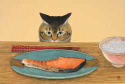 animal_focus bowl cat chopsticks dorodangobonta food highres looking_at_viewer original plate rice rice_bowl salmon yellow_background