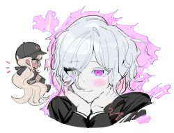 Rule 34 | 1boy, 1girl, black hat, blonde hair, blush, blush stickers, body blush, brown eyes, chibi, chibi inset, cropped shoulders, eyes visible through hair, fire, grey hair, hands on own chin, hat, heterochromia, kawana tsubasa, palme310, ponytail, portrait, purple eyes, purple fire, shion (hundred line), short hair, simple background, smile, the hundred line -last defense academy-, white background, white eyes