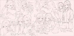 2girls amane_(7783) arm_hug bag character_request closed_eyes closed_mouth commentary_request ear_piercing food greyscale heart highres holding holding_bag hug ice_cream idolmaster idolmaster_cinderella_girls jacket kiss long_hair monochrome multiple_girls one_eye_closed open_clothes open_jacket open_mouth pants parted_lips piercing shirt shopping_bag shorts smile speech_bubble steamed_bun sundae track_jacket translation_request yuri