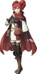 1girl 3d anna_(fire_emblem) belt_pouch beret black_thighhighs boots breasts cape cloak female_focus fingerless_gloves fire_emblem fire_emblem_warriors full_body gloves hat highres lips long_hair looking_at_viewer medium_breasts nintendo official_art ponytail pouch red_eyes red_hair smile solo standing thigh_pouch thighhighs transparent_background wallet zettai_ryouiki
