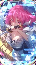 1girl blue_hat blue_kimono breasts bug butterfly chiroru_(cheese-roll) cleavage closed_mouth commentary hair_between_eyes hat highres holding holding_sword holding_weapon insect japanese_clothes kimono large_breasts long_sleeves looking_at_viewer mob_cap pink_eyes pink_hair pink_nails saigyouji_yuyuko short_hair solo sword symbol-only_commentary touhou triangular_headpiece weapon wide_sleeves
