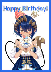 Rule 34 | 1girl, absurdres, animal, blue border, blue hair, blue sky, blush, border, breasts, brown eyes, brown horns, buttons, cleavage, closed mouth, commentary request, cowboy shot, crown, cuore 0624, demon girl, demon horns, demon tail, detached sleeves, floating crown, hair between eyes, happy birthday, hat, highres, holding, holding animal, horns, large breasts, looking at viewer, mini crown, nanashi inc., party hat, pink hat, pointy ears, sheep, shimamura charlotte, shimamura charlotte (9th costume), short hair, simple background, sky, smile, solo, striped hat, tail, virtual youtuber, white background, white sleeves, yellow eyes