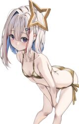 1girl absurdres amane_kanata bikini blue_hair breasts closed_mouth colored_inner_hair feet_out_of_frame gold_bikini grey_hair hair_ornament hairclip halo highres hololive leaning_forward looking_at_viewer multicolored_hair purple_eyes red_hair scarlet_(wv0102) side-tie_bikini_bottom simple_background single_hair_intake small_breasts solo star_halo streaked_hair swimsuit virtual_youtuber white_background