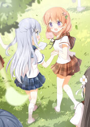 ankle_socks blue_eyes blue_hair blue_sailor_collar blue_skirt blush brown_hair brown_sailor_collar brown_skirt flower gochuumon_wa_usagi_desu_ka? green_slippers hair_flower hair_ornament hairclip handkerchief highres holding holding_handkerchief holding_hands hoto_cocoa hoto_cocoa&#039;s_school_uniform ichiyo12 kafuu_chino long_hair orange_hair plaid_clothes plaid_sailor_collar plaid_skirt pleated_skirt purple_eyes ribbon sailor_collar school_uniform shirt short_sleeves skirt slippers smile socks two_side_up ujimatsu_chiya white_shirt white_socks
