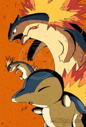 Rule 34 | adversarial noise, black fur, body fur, brown eyes, closed eyes, cyndaquil, debudebumetabo, evolutionary line, fire, gen 2 pokemon, group picture, highres, nintendo, orange background, pokemon, pokemon (creature), quilava, simple background, typhlosion, watermark, yellow fur