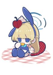 1girl animal_ears apron blonde_hair blue_archive blue_eyes blue_halo blue_shoes chibi commentary_request fake_animal_ears hair_ornament halo highres holding koyuuuuuuuuuuu shoes sitting solo thighhighs toki_(blue_archive) white_background white_thighhighs wrist_cuffs