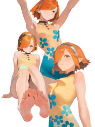 1girl armpit_crease armpits arms_up bare_legs bare_shoulders barefoot breasts covered_navel feet foot_focus gallica_(metaphor:_refantazio) green_eyes hair_over_one_eye hairband highres impossible_clothes impossible_leotard knees_up legs leotard looking_at_viewer medium_hair metal_hairband metaphor:_refantazio multiple_views one_eye_covered orange_hair parted_lips pointy_ears randomscribblas simple_background sleeveless small_breasts smile soles toes white_background yellow_leotard