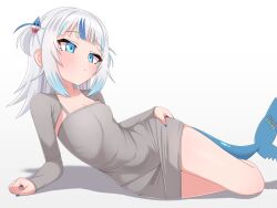 1girl absurdres blue_eyes blue_nails breasts dress fins fish_tail gawr_gura grey_dress hair_ornament hashtag-only_commentary highres hololive hololive_english lying mingkozus multicolored_hair on_side shark_girl shark_hair_ornament shark_tail short_dress simple_background small_breasts solo streaked_hair tail two_side_up virtual_youtuber white_background white_hair