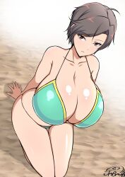 1girl ahoge arm_support artist_logo artist_name bare_shoulders beach bikini blue_bikini breasts brown_eyes brown_hair collarbone highres huge_breasts jabara_tornado legs logo looking_at_viewer navel original sand seiza shadow short_hair sidelocks signature simple_background sitting stomach swimsuit thigh_gap thighs white_background