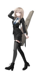 1girl absurdres belt black_belt black_boots black_jacket black_necktie black_shoes black_shorts black_thighhighs boots censored commentary ear_piercing earrings full_body garter_straps girls_band_cry grey_hair guitar_case hand_up high_heels highres instrument_case instrument_on_back jacket jewelry kawaragi_momoka lollipop_in_mouth long_hair looking_at_viewer mosaic_censoring necktie piercing shirt shoes shorts simple_background single_thigh_boot single_thighhigh solo sukaliya thigh_boots thighhighs watermark weibo_watermark white_background white_shirt