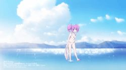 1girl animated animated_gif barefoot beach bikini bouncing_breasts breasts duplicate holding holding_hoodie hood hoodie long_hair looking_at_viewer navel otachan otachan! otaku-vs partially_submerged purple_eyes purple_hair solo swimsuit tagme the_otachan_show twintails unworn_hoodie wading walking water white_bikini