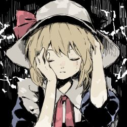 Rule 34 | 1girl, apron, bare arms, black background, blonde hair, blue dress, bow, bowtie, closed eyes, collared shirt, crying, dress, frilled apron, frills, hands on own head, hat, hat bow, kaigen 1025, kana anaberal, light blush, medium hair, parted lips, puffy short sleeves, puffy sleeves, red bow, red bowtie, sad, shirt, shirt under dress, short sleeves, solo, sun hat, touhou, touhou (pc-98), upper body, white apron, white hat, white shirt