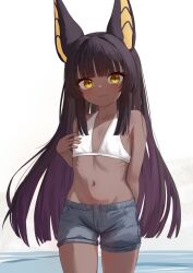 1girl animal_ears bikini blush dark-skinned_female dark_skin denim denim_shorts flat_chest highres jackal_ears loli mockingeu navel original ribs shorts solo stomach swimsuit water white_bikini yellow_eyes