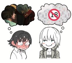 1boy 1girl another_ship_dynamic_i_enjoy_(meme) black_hair blue_eyes blush censored content_rating dante_(devil_may_cry) devil_may_cry devil_may_cry_(series) devil_may_cry_3 game_screenshot_inset green_eyes heterochromia highres jumpoon lady_(devil_may_cry) meme mosaic_censoring red_eyes shirt simple_background smile speech_bubble sweat thought_bubble white_background white_hair white_shirt