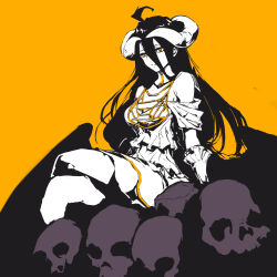 Rule 34 | 1girl, albedo (overlord), black hair, breasts, cleavage, demon girl, demon horns, demon wings, dress, gold necklace, highres, horns, jewelry, large breasts, long hair, necklace, overlord (maruyama), pile of skulls, solo, vfyc2324, wings, yellow background
