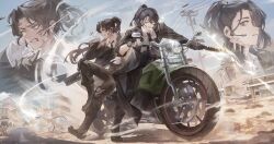 2boys black_boots black_coat black_gloves black_hair black_jacket black_necktie black_pants boots brown_hair coat collared_shirt formal_clothes full-stop_office_(identity)_(project_moon) gloves grey_eyes gun headset heathcliff_(project_moon) highres holding holding_gun holding_knife holding_weapon hong_lu_(project_moon) jacket knife lace-up_boots limbus_company long_hair motor_vehicle motorcycle multiple_boys necktie on_motorcycle open_clothes open_coat pants ponytail power_lines project_moon purple_eyes shirt sky suit tokulily utility_pole weapon white_gloves white_shirt
