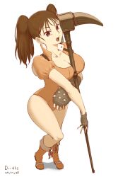 Rule 34 | 1girl, between breasts, boots, breasts, brown hair, cleavage, diane (nanatsu no taizai), fingerless gloves, gloves, hammer, highres, leotard, long hair, looking at viewer, nanatsu no taizai, short sleeves, stegosaurus0120, twintails