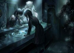 2girls arm_support asano_(kazusasn) bathroom black_dress black_hair black_halo black_mouth blue_ribbon bright_pupils closed_eyes crack cracked_glass dark_halo different_reflection dress expressionless eyelashes faucet feet_out_of_frame fern floating foliage ghost grey_eyes halo head_wreath highres horror_(theme) leaning_forward leaning_on_object long_hair long_sleeves looking_at_another looking_down melting_halo mirror moss multiple_girls neck_ribbon original overgrown pale_skin puffy_short_sleeves puffy_sleeves reflection ribbon ruins short_hair short_sleeves silhouette sink transparent white_dress white_hair white_pupils