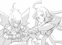 2girls armband armor armored_gloves armored_leotard bancholilimon breasts crossover digimon digimon_(creature) digimon_story:_cyber_sleuth_hacker&#039;s_memory fighting_stance gloves hudiemon kill_la_kill leotard long_hair looking_at_viewer medium_breasts multiple_girls ph6xeivbgpimggg school_uniform senketsu sketch smile