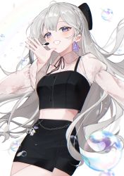 1girl :d absurdres black_bow black_ribbon black_skirt blue_eyes blush bow bow_earrings bubble chain chain_belt charm_(object) collared_shirt crop_top earrings hair_bow highres hololive hololive_indonesia jewelry lace lace_sleeves long_hair looking_at_viewer microphone miniskirt neck_ribbon nellku24 open_mouth out_of_frame palms ribbon see-through_clothes see-through_shirt shirt simple_background skirt smile solo vestia_zeta virtual_youtuber white_background white_shirt
