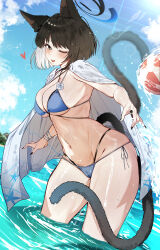 1girl absurdres animal_ears artist_request bikini black_eyes black_hair blue_archive blue_bikini blue_halo breasts cat_ears cat_girl cat_tail covered_pussy halo highres kikyou_(blue_archive) kikyou_(swimsuit)_(blue_archive) large_breasts multiple_tails official_alternate_costume solo swimsuit tail thighs two_tails