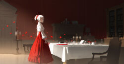 1girl absurdres alcohol book bookshelf bug butterfly candelabra candle candlestand chair cup dining_room door drinking_glass fireplace flower frilled_shirt frilled_sleeves frills from_side hair_ribbon highres holding holding_flower insect laluna lamp light_particles long_skirt long_sleeves looking_at_viewer medium_hair open_book original painting_(object) parted_lips puffy_long_sleeves puffy_sleeves red_ribbon red_skirt red_theme ribbon shirt sidelocks sideways_glance skirt solo spill table tablecloth teacup white_shirt wide_shot wine wine_glass