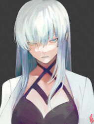 1girl absurdres alternate_costume blue_eyes breasts cleavage expressionless fate/grand_order fate_(series) glaring grey_background grey_hair hair_between_eyes hair_down highres large_breasts long_hair looking_at_viewer moedredd morgan_le_fay_(fate) revealing_clothes serious upper_body
