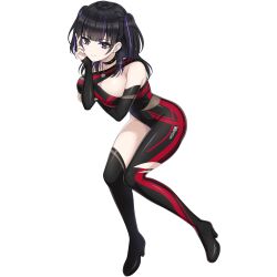 1girl arm_under_breasts black_bodysuit black_hair black_sleeves bodysuit boots breasts choker cleavage cleavage_cutout closed_mouth clothing_cutout detached_sleeves dolphin_wave earrings game_cg hand_on_own_face hanihara_haru high_heel_boots high_heels highres jewelry large_breasts long_hair looking_at_viewer multicolored_hair necklace non-web_source official_art ootomo_takuji purple_eyes purple_hair purple_nails purple_streaks see-through_clothes single_thigh_boot sitting smile solo spiked_choker spikes streaked_hair stud_earrings thigh_boots transparent_background two_side_up underboob_cutout