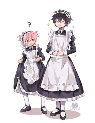 2boys ? absurdres ahoge apron black_hair blue_eyes brown_eyes brown_hair closed_eyes clothes_lift crossdressing dress dress_lift frilled_dress frills heterochromia highres juliet_sleeves long_sleeves maid maid_apron maid_headdress male_focus mary_janes multiple_boys original pantyhose puffy_sleeves raito-kun_(uenomigi) shoes short_hair shou_(uenomigi) simple_background smile star_(symbol) thick_eyebrows trap uenomigi white_apron white_background white_pantyhose