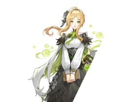 bag black_dress black_hairband black_shawl book bow bracelet bubble copyright_notice daphne_(duet_night_abyss) dress duet_night_abyss flower green_brooch green_eyes hair_bow hairband highres jewelry long_hair official_art ponytail shawl tie_clip white_dress