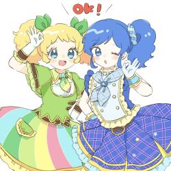 2girls :d :o aikatsu! aikatsu!_(series) arm_up blonde_hair blue_eyes blue_hair blue_neckerchief blue_necktie blue_scrunchie blue_shirt blue_skirt blush_stickers bow cha_(ntrikti) frilled_shirt frilled_skirt frilled_sleeves frills gloves green_bow green_necktie green_shirt green_skirt hair_bow hair_ornament hair_scrunchie hand_on_own_hip hand_up highres idol idol_clothes kiriya_aoi looking_at_viewer medium_hair multicolored_necktie multicolored_skirt multiple_girls neckerchief necktie ok_sign open_mouth pink_necktie pink_skirt plaid_clothes plaid_neckerchief plaid_scrunchie plaid_skirt saegusa_kii scrunchie shirt short_sleeves side_ponytail sidelocks simple_background skirt sleeveless sleeveless_shirt smile standing striped_clothes striped_necktie striped_skirt teeth twintails upper_teeth_only white_background white_gloves yellow_necktie yellow_skirt
