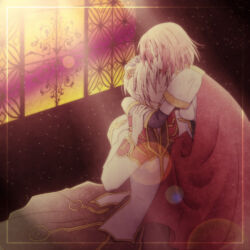 Rule 34 | 1boy, 1girl, blonde hair, boobplate, breastplate, brown coat, cape, closed eyes, closed mouth, coat, commentary request, cowboy shot, dated commentary, gold trim, hair over eyes, head hug, high priest (ragnarok online), hug, indoors, light particles, light rays, long sleeves, lord knight (ragnarok online), multicolored coat, open mouth, pink hair, ragnarok online, red cape, red coat, sharari, short hair, stained glass, sunbeam, sunlight, two-tone coat, white coat, window
